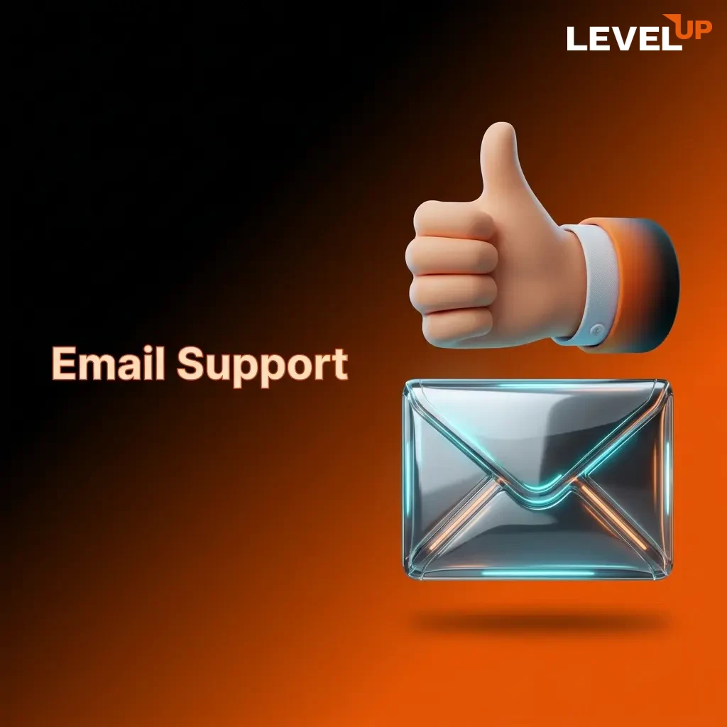 Email support envelope icon for LevelUp Casino with contact details and tips for submitting queries effectively